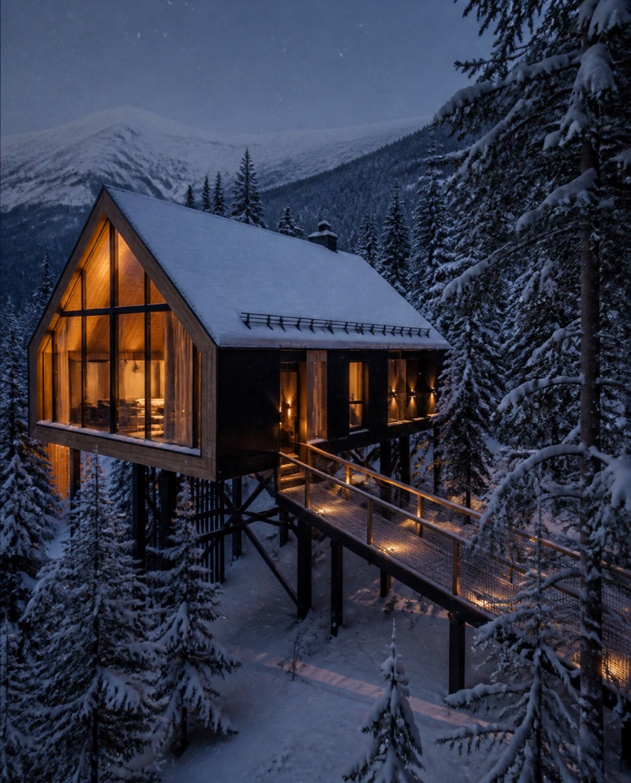 Tree house chata na stĺpoch medzi zasneženými smrekmi za súmraku